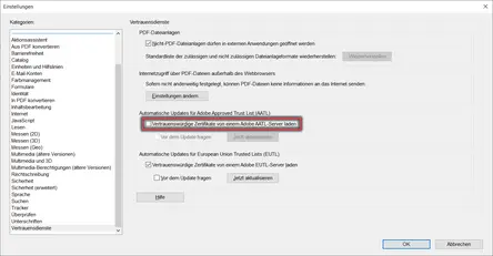 Ansicht Einstellungen Vertrauensdienste Adobe AATL-Server laden