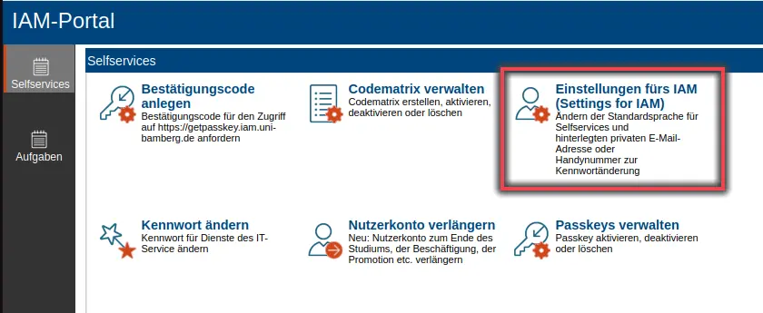 Ansicht Selfservices Einstellungen fürs IAM