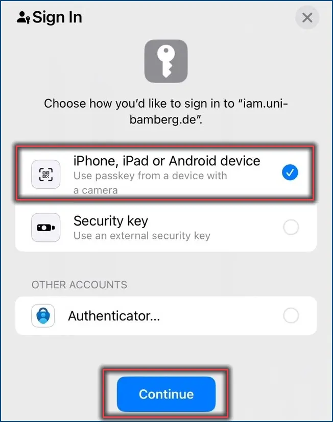 Abbildung 1: Einmalanmeldung auf dem iPhone unter Chrome