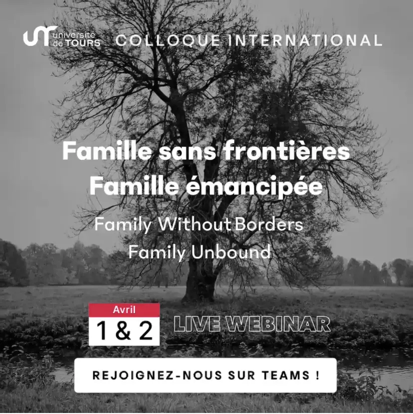 Poster für die Konferenz "Famille Sans Frontières / Famille Émancipée - Family Without Borders / Family Unbound", 1. und 2. April; Hintergrund: Single big tree in the meadow, small river flowing in front of tree