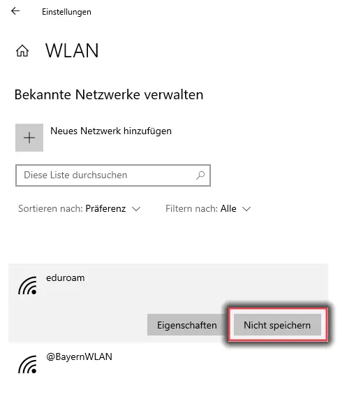 Einstellungen für WLAN unter Windows 10 mit dem Netzwerk "eduroam" und markierter Schaltfläche "Nicht speichern"