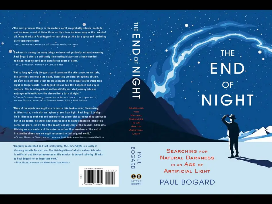 Book cover of “The End of Night” by Paul Bogart. Depicted is a person looking at the sky in a snowy and dark landscape.