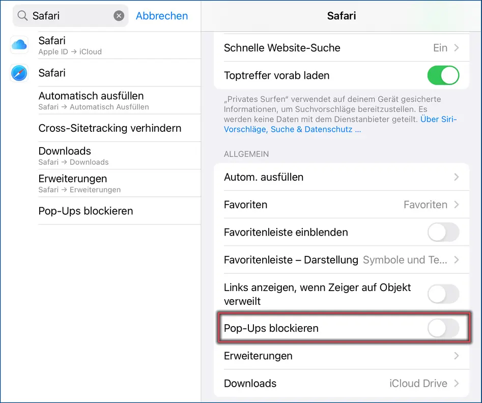 Abbildung 2: Pop-Ups blokieren in der Safari App deaktivieren