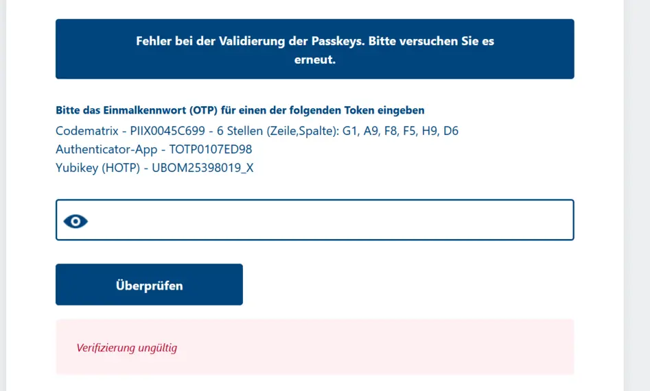 Abbildung 5: Verifizierung ungültig bei der Validierung der Passkeys
