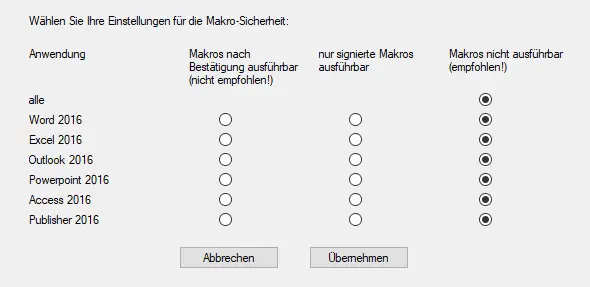 Ausschnitt des Dialogfensters von OM-SecuritySettings.exe. Das Rechenzentrum empfiehlt, Makros vollständig zu deaktivieren.
