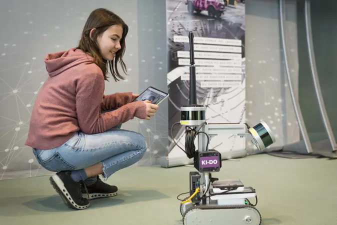 Ein Mädchen hat ein Tablet in der Hand und steuert einen Roboter.