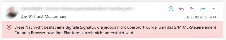 Geöffnete E-Mail in der M365 Outlook Webapp, mit der angezeigten Meldung, dass die Signatur nicht überprüft  werden kann.