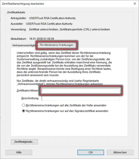 Ansicht Zertifikatberechtigung bearbeiten