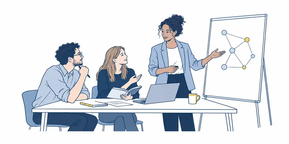 Illustration: Drei Forschende besprechen ein Netzwerkdiagramm an einem Flipchart