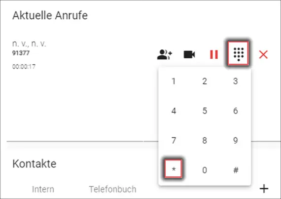 Das Bild zeigt die Übersicht der aktuellen Anrufe. Zur Einstellung des automatischen Rückrufs muss das Zahlenfeld auf der rechten Seite ausgewählt und anschließend die Stern-Taste gedrückt werden.