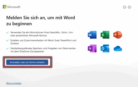 Ansicht M365 Anmelden oder Registrieren