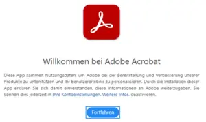 Dialogfenster von Adobe, in dem erklärt wird, dass Nutzungsdaten gesammelt werden