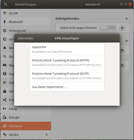 Ansicht VPN Verbindungstyp auswählen