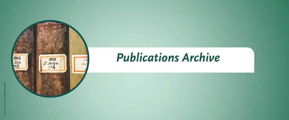 This is a banner with a green background for the 'Publications Archive' page. In a small circular picture show three old, brown and beige-colored book spines with handwritten labels. The books are labeled with dates such as '1953' and 'II Series No 4' and appear worn.