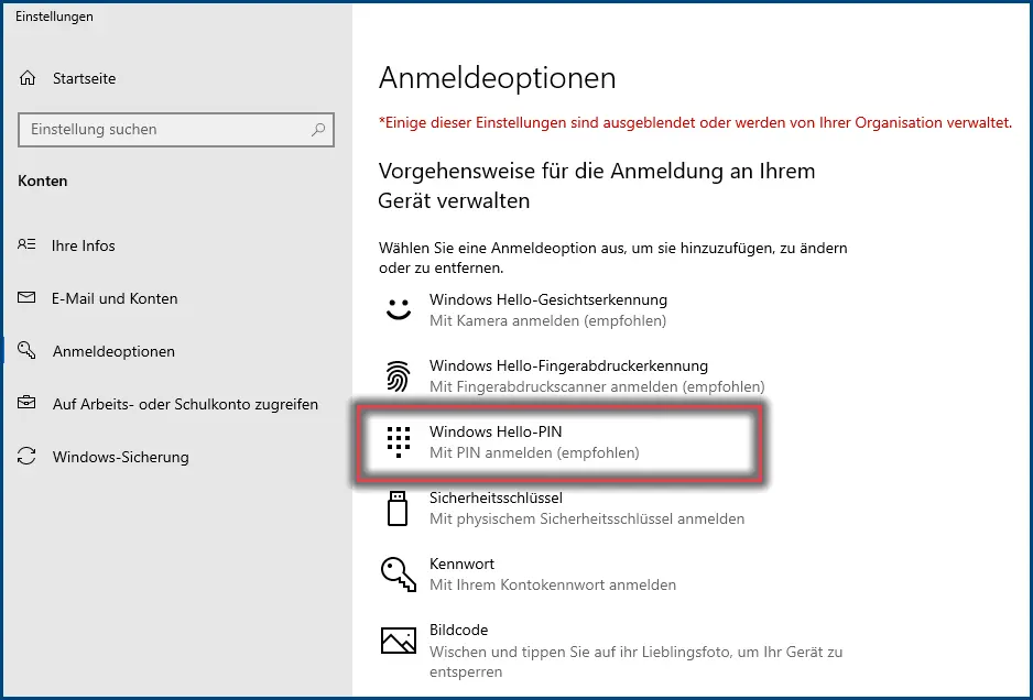 Ansicht Windows Hello Pin Option einrichten
