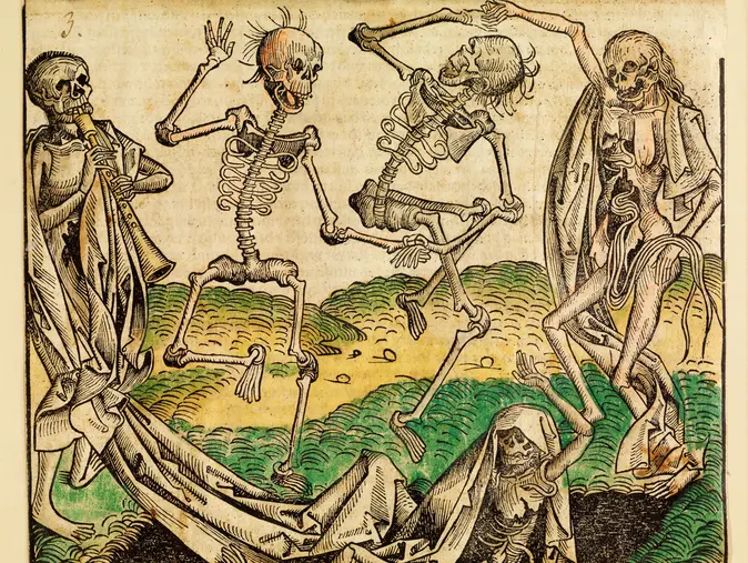 Ein kolorierter Holzschnitt zeigt, wie Skelette einen Totentanz aufführen.
