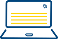 Logo_Schreibberatung Geöffneter Laptop mit vier gelben Linien, die einen Text andeuten sollen