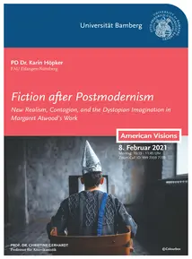 Poster for the guest lecture by PD Dr. Karin Höpker. In addition to the information about the guest lecture, it shows a man sitting in a wooden chair in an empty room wearing a hat made of tin foil.