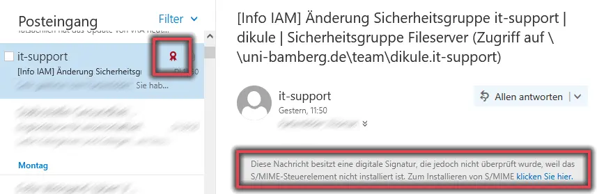 Signierte E-Mail in der Outlook WebApp (Mailex) mit Orden-Symbol und der Meldung, dass die digitale Signatur nicht angezeigt werden kann.
