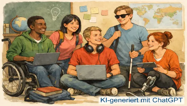 Studierende mit unterschiedlicher Hautfarbe sowie mit und ohne Handicaps