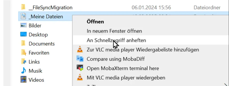 Screenshot Windows Explorer "Meine lokalen Dateien" Hier sehen Sie einen Screenshot des Windows Explorers mit einem Rechtsklickmenü zum Anheften des Ordnerns "Meine lokalen Dateien" zum Schnellzugriff