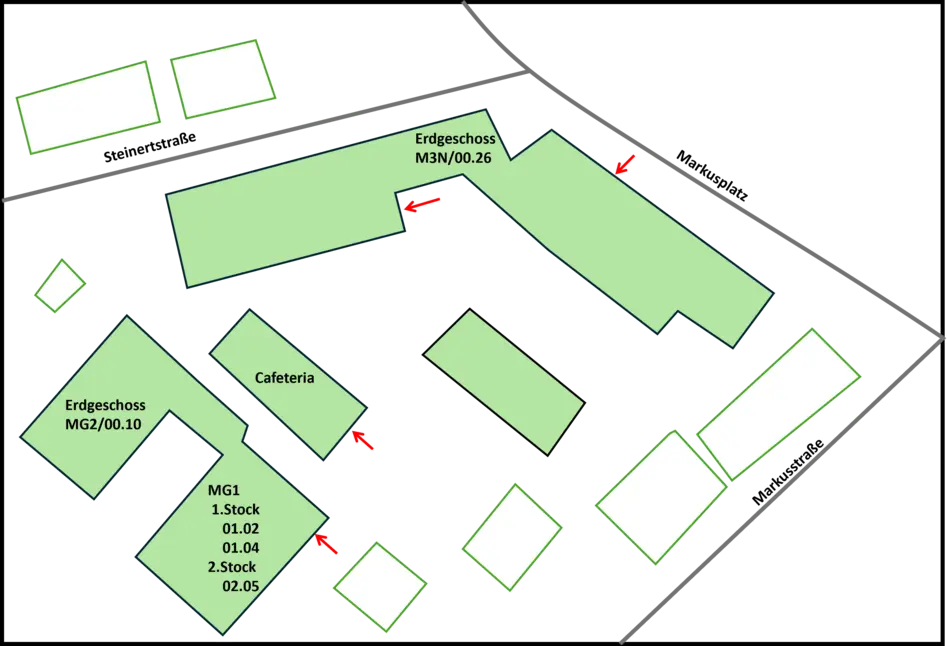 Der Lageplan zeigt die räumliche Lage der einzelen Veranstaltungsräume sowie Wege dort hin, zwischen den Gebäuden des Unigeländes Markusgelände. 
