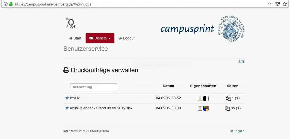 Ansicht campusprint Dienst Druckaufträge verwalten