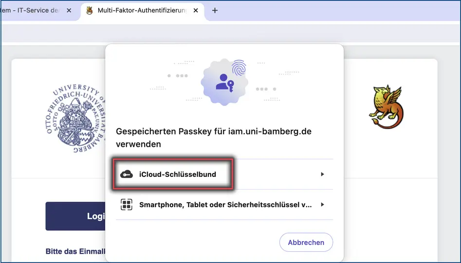 Abbildung 11: Passkey Anmeldenoption im Chrome Webbrowser wählen