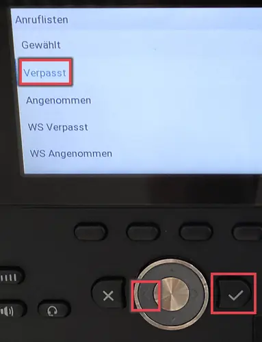Telefon Anruflisten Ansicht der Anruflisten. Mit Markierungen der Pfeiltasten, Bestätigungstaste und dem "Verpasst" Menüpunkt