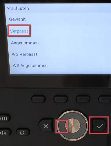 Ansicht der Anruflisten. Mit Markierungen der Pfeiltasten, Bestätigungstaste und dem "Verpasst" Menüpunkt