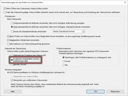 Ansicht Voreinstellungen für das Prüfen von Unterschriften