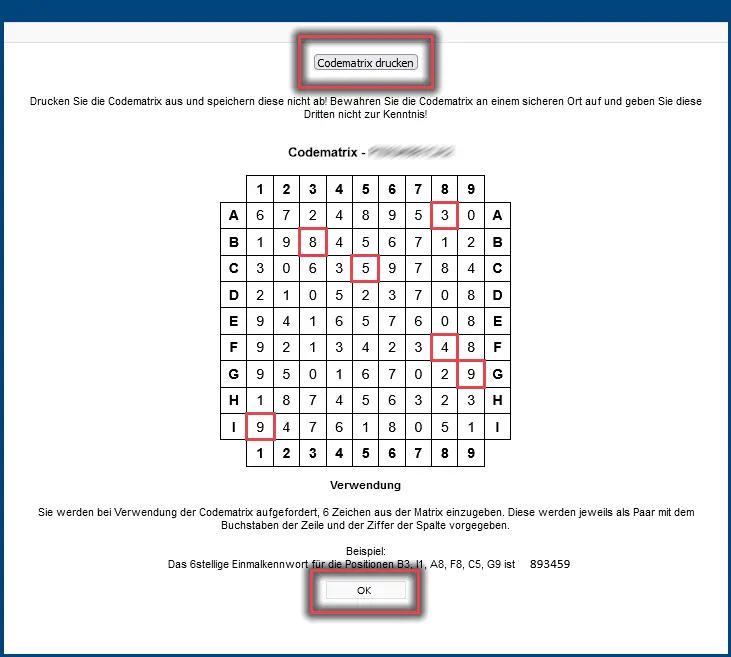Ansicht Codematrix ausdrucken