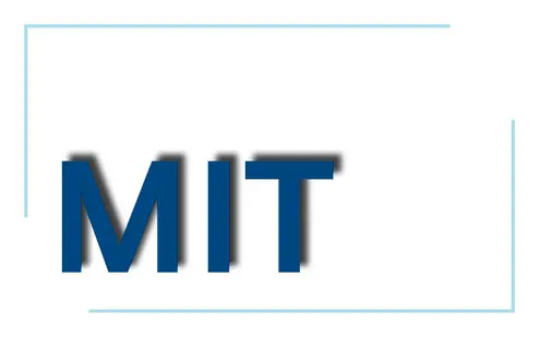 Zu sehen ist das Logo von MIT auf weißem Hintergrund. Das Wort 'MIT' ist in fetter dunkelblauer Schrift, mit einem leichten Schatten hinter dem Wort.