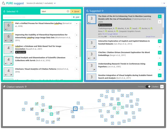 Interface of "PURE suggest" showing selected publications, suggested publications, and a citation network.