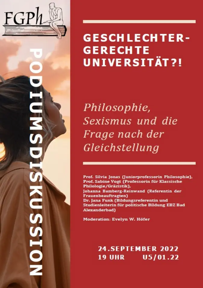 Plakat der Podiumsdiskussion "Geschlechter-gerechte Universität" am 24. September 2022 im Raum U5/01.22