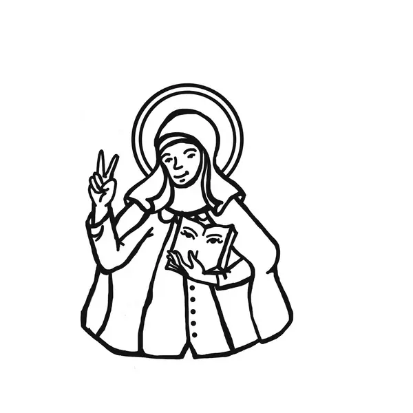 Zu sehen ist das Logo der Beauftragte für die Gleichstellung von Frauen in Wissenschaft und Kultur. Das Logo ist eine schwarz-weiße Zeichnung einer Heiligen zu sehen, die als Odilia identifiziert wird. Sie trägt eine lange Robe mit einer Kapuze und hat einen Heiligenschein über ihrem Kopf. Mit ihrer rechten Hand macht Odilia das Friedenszeichen, während sie mit ihrer linken Hand ein Buch hält, auf dessen Umschlag ein Auge abgebildet ist. Ihr Gesichtsausdruck ist freundlich, und sie scheint eine Geste des Friedens und der Weisheit darzustellen.