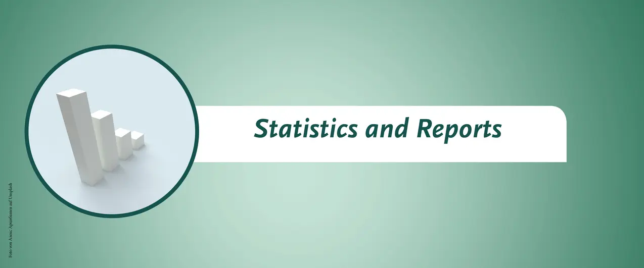 This is a banner with a green background for the 'Statistics and Reports' page. In a small circular image shows a white 3D graphic.