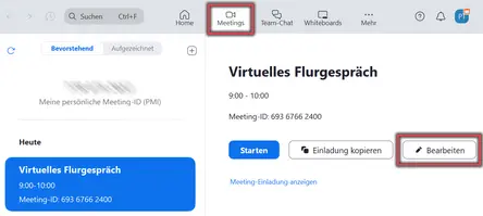 Ansicht Zoom Meeting bearbeiten