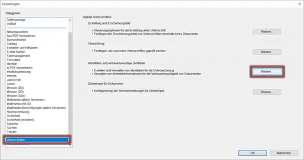 Ansicht Einstellungen Importieren der Stammzertifikate
