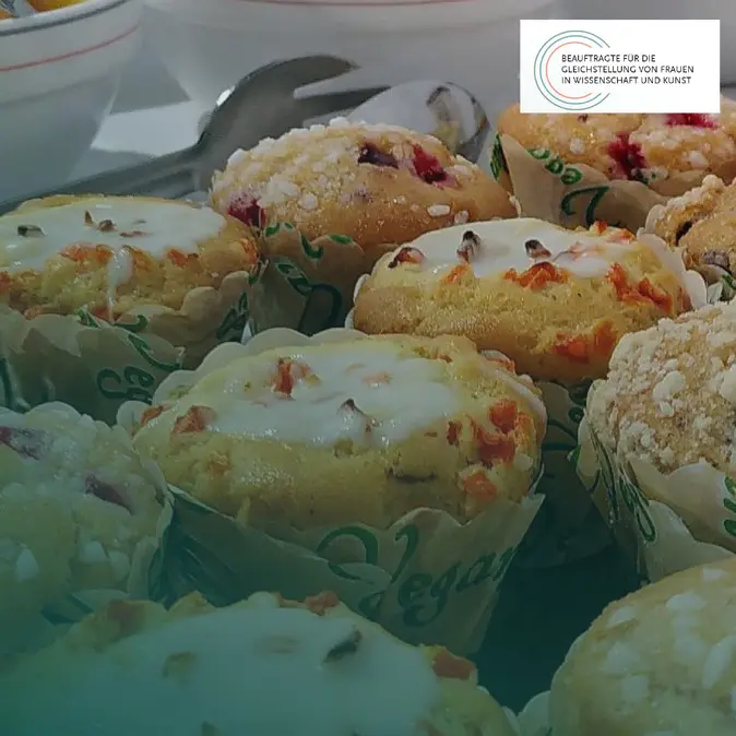 Ein Foto von veganen Frühstückmuffins aus der Mensa, ein leichter grüner Filter, das Logo der GBWiss