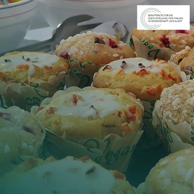 Ein Foto von veganen Frühstückmuffins aus der Mensa, ein leichter grüner Filter, das Logo der GBWiss