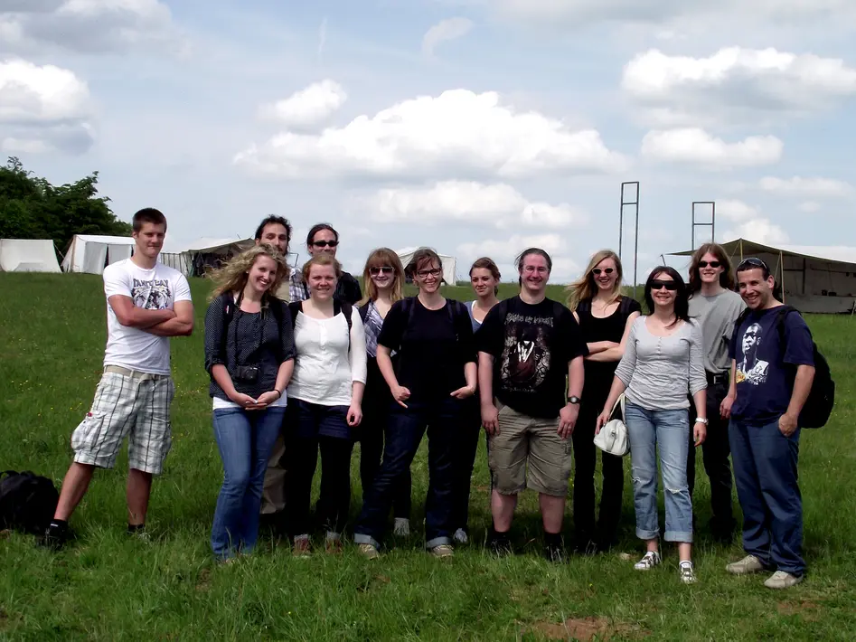 Group photo in front of the re-enactment camp.