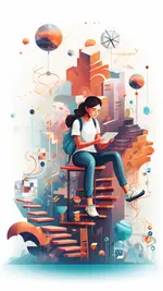 A person is sitting on the stairs and reading, the scenery is abstract