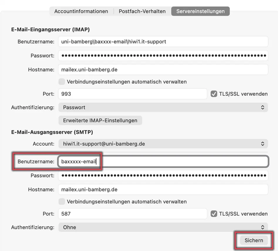 Ansicht E-Mail-Konto Servereinstellungen