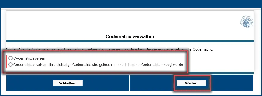 Abbildung 4: Codematrix ersetzen oder sperren
