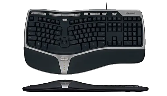Zwei Ansichten der Tastatur "Natural Keyboard" von Microsoft: von vorne und von oben