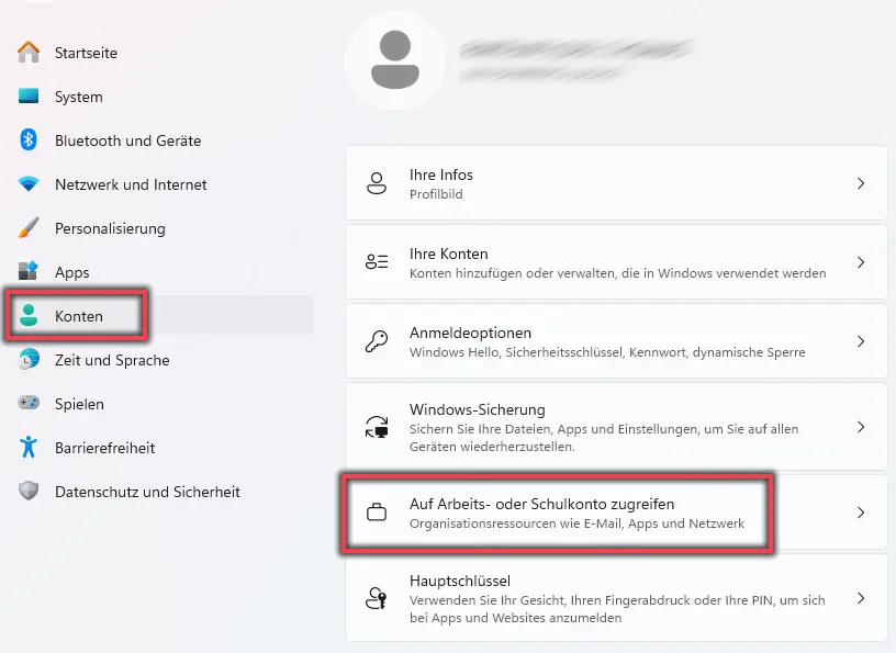 Ansicht Konten Auf Arbeits- oder Schulkonto zugreifen
