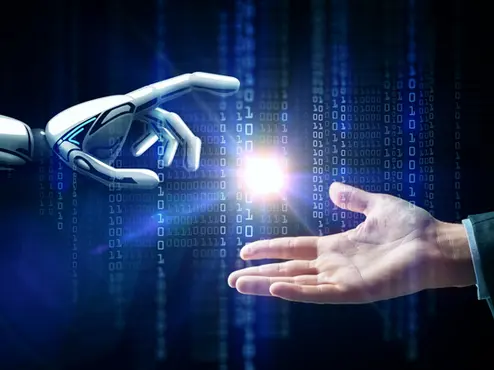 robot and human hand flash light and binary code