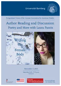 Poster for the author reading and discussion by Laura Passin. In addition to the information about the event, it shows a portrait of Laura Passin and blue font in front of a female statue.