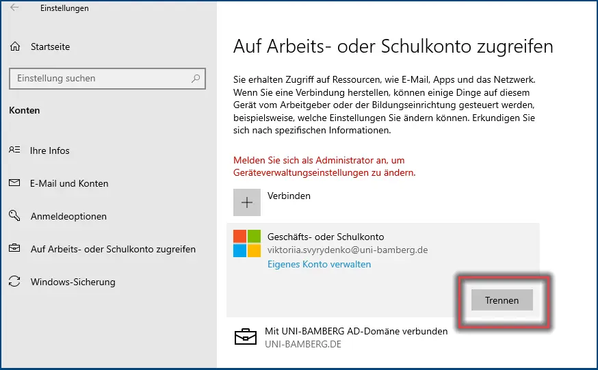 Abbildung 2: Trennung vom Microsoft-Konto in den Kontoeinstellungen
